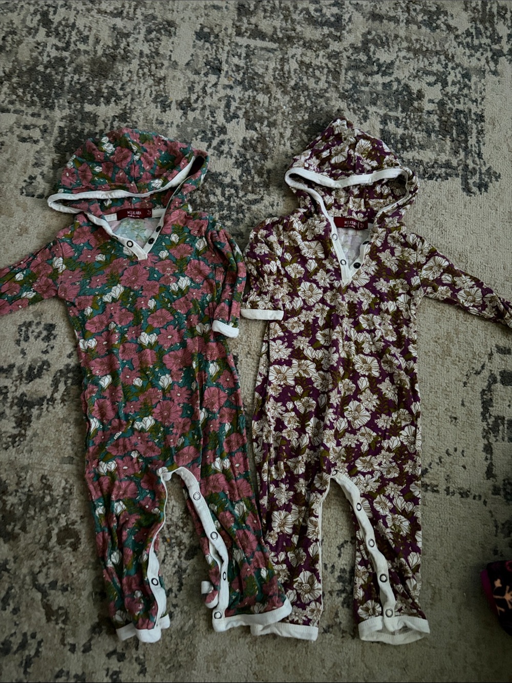Milk Barn Floral Hooded Baby One-Piece Rompers - Pink & Plum